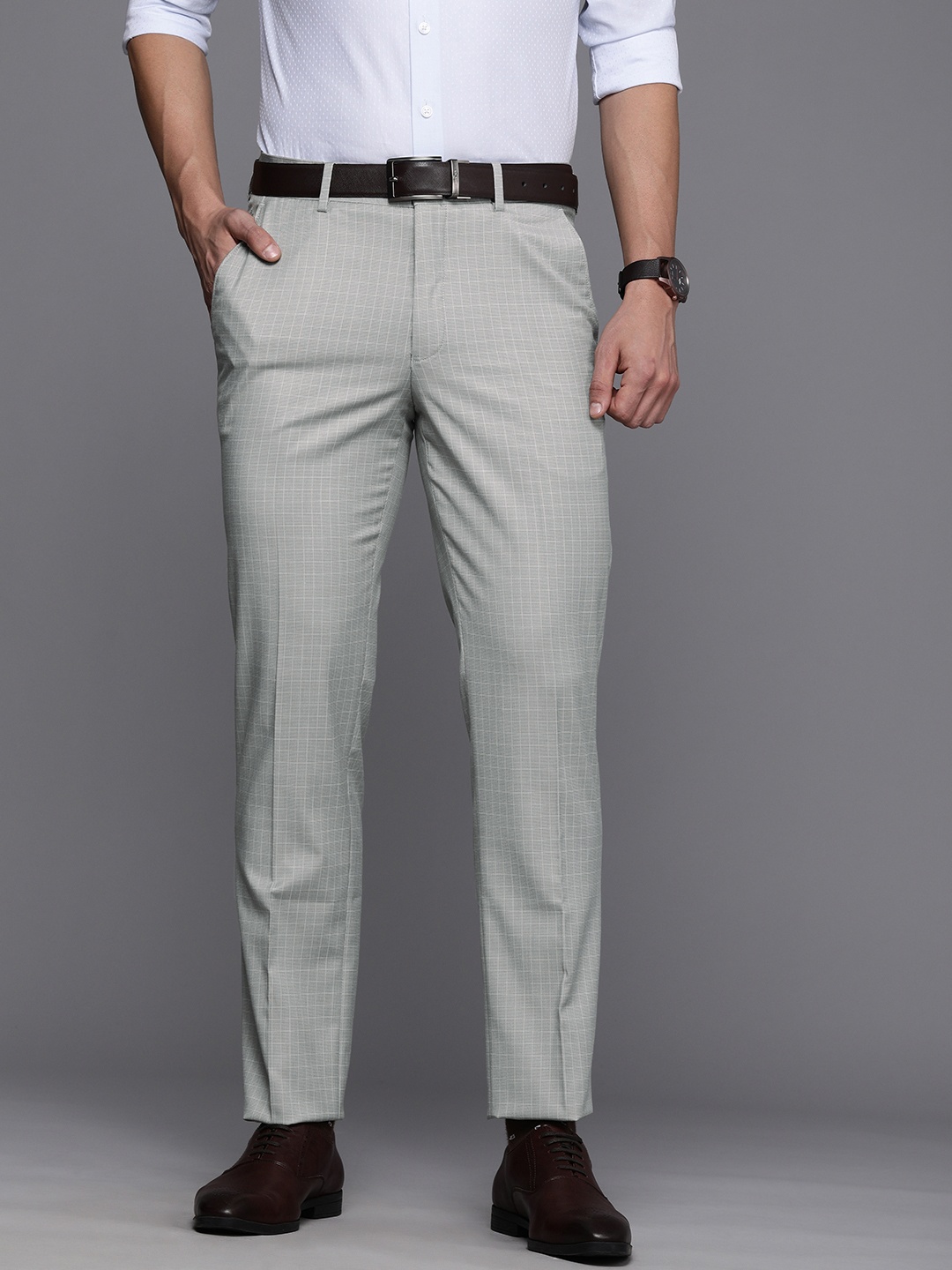 

Louis Philippe Men Grey Checks Slim Fit Formal Trousers