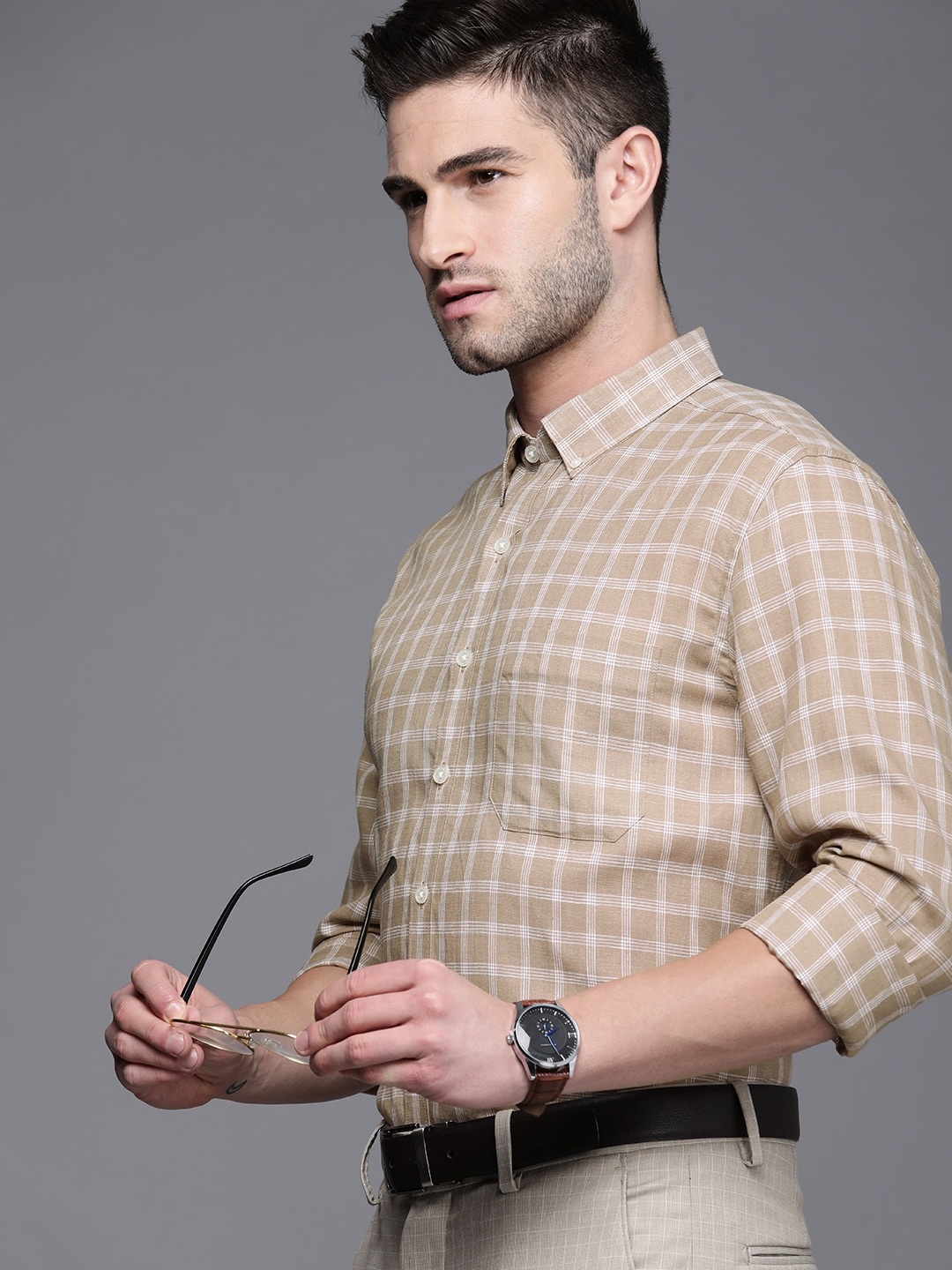 

Louis Philippe Men Brown Slim Fit Checked Pure Cotton Formal Shirt