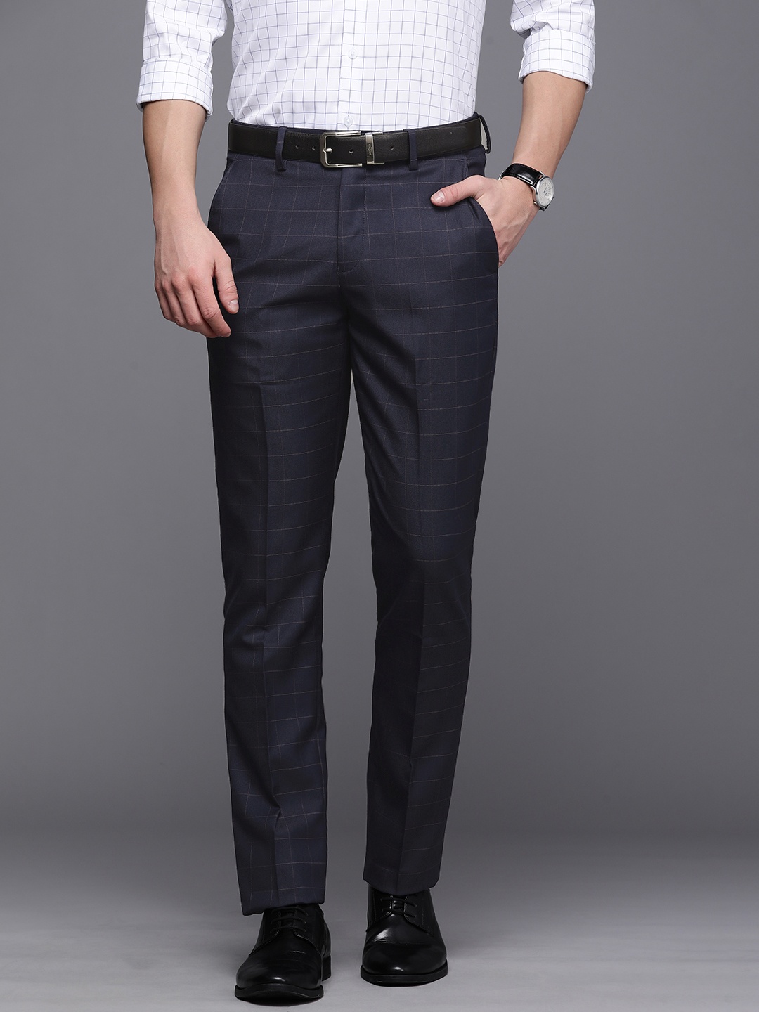 

Louis Philippe Men Navy Blue Checked Slim Fit Formal Trousers