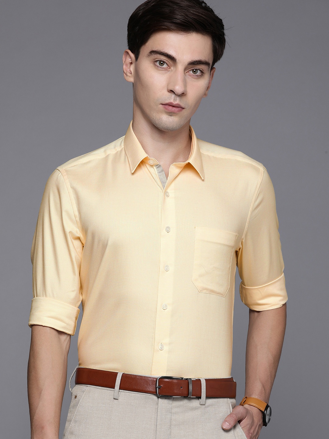 

Louis Philippe Men Beige Ultrapress Slim Fit Textured Pure Cotton Semiformal Shirt