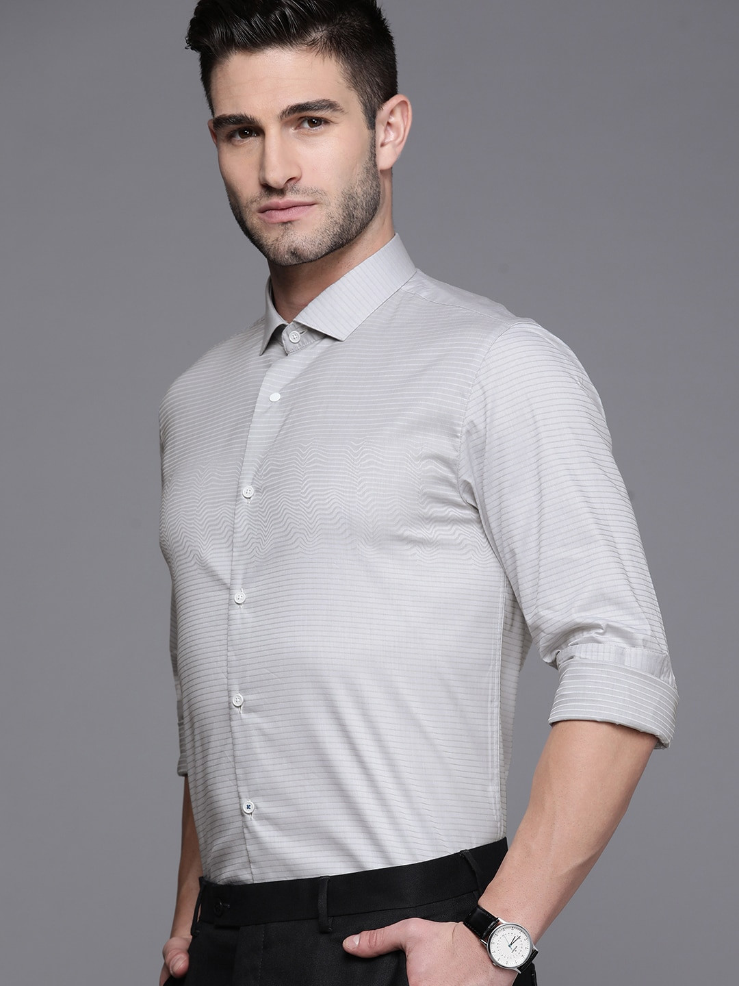 

Louis Philippe Ath Work Men White Super Slim Fit Horizontal Stripes Smart Casual Shirt