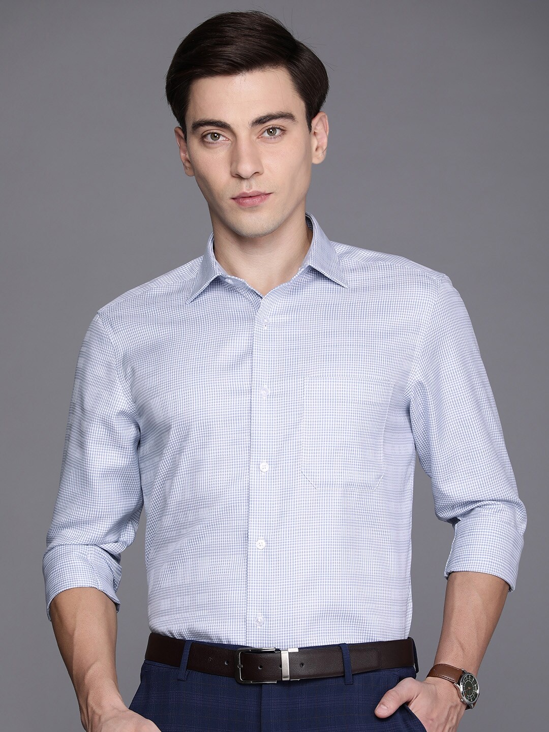 

Louis Philippe Men Blue Micro Checked Classic Pure Cotton Formal Shirt