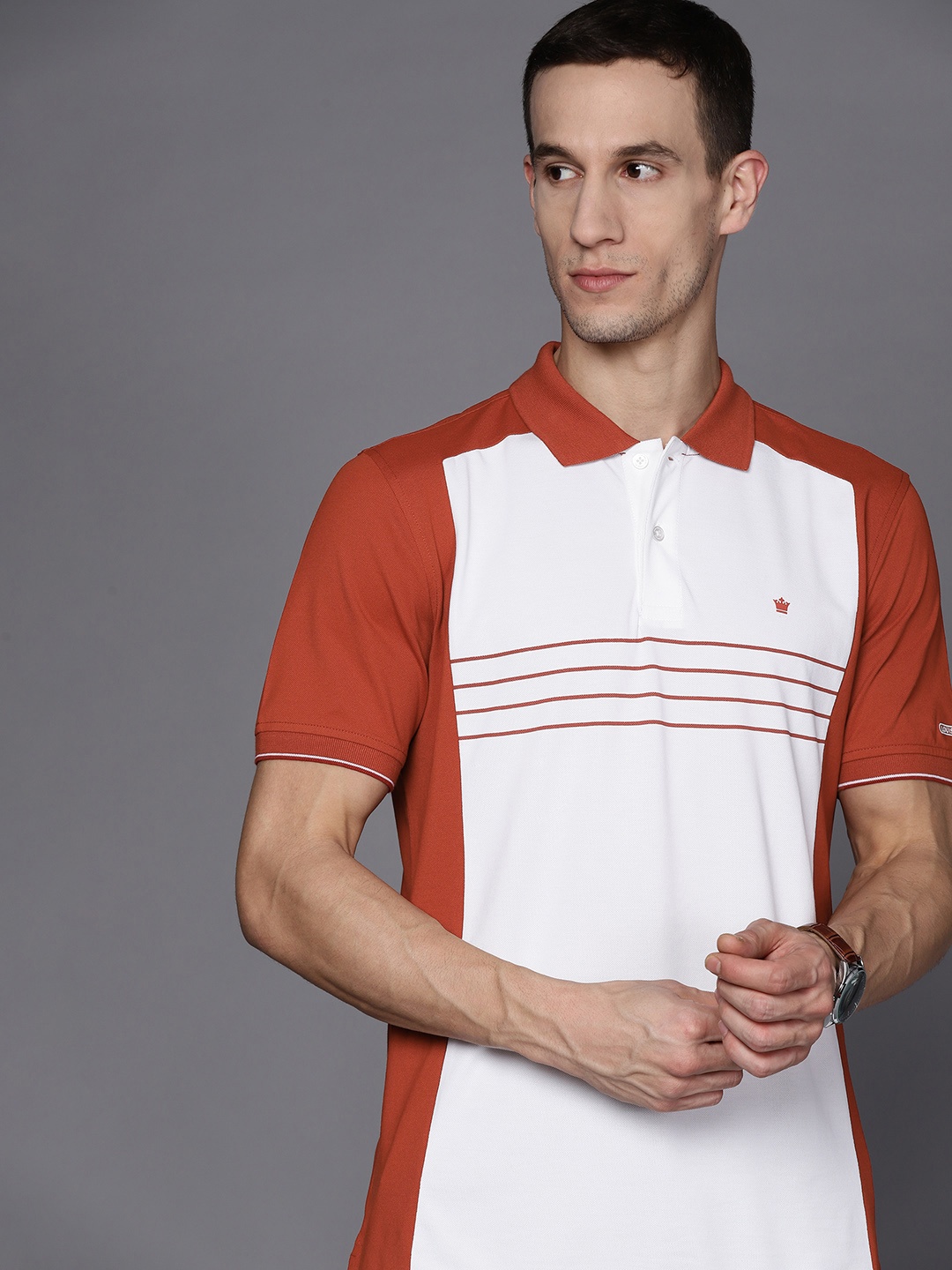 

Louis Philippe Men White & Rust Brown Colourblocked Polo Collar T-shirt