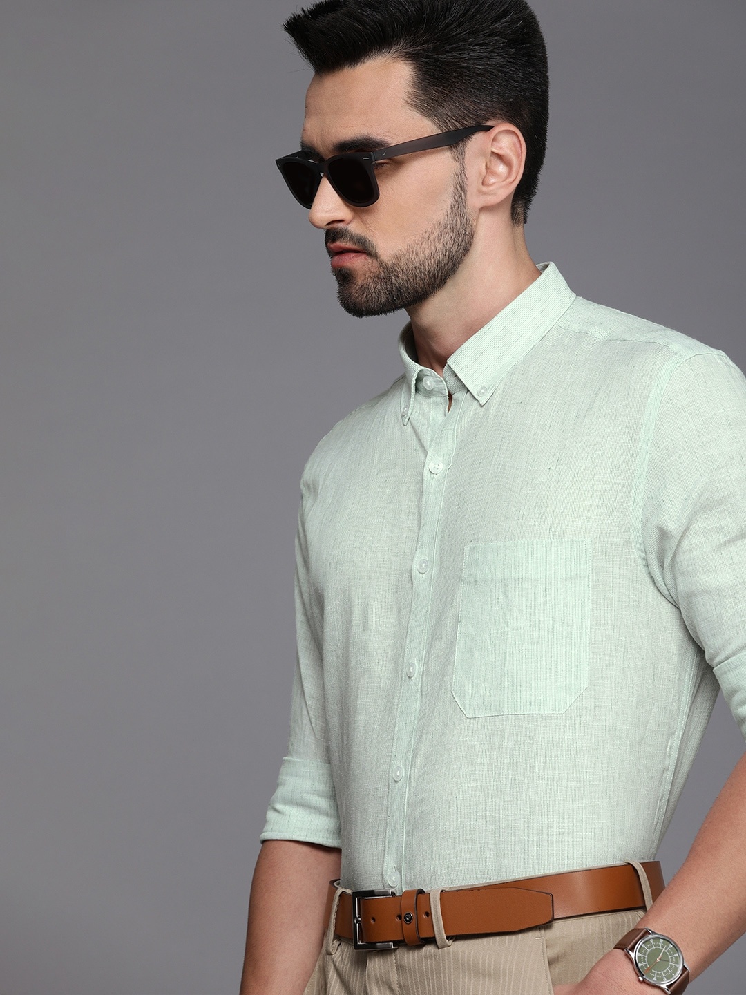 

Louis Philippe Men Green Self-Design Slim Fit Formal Shirt