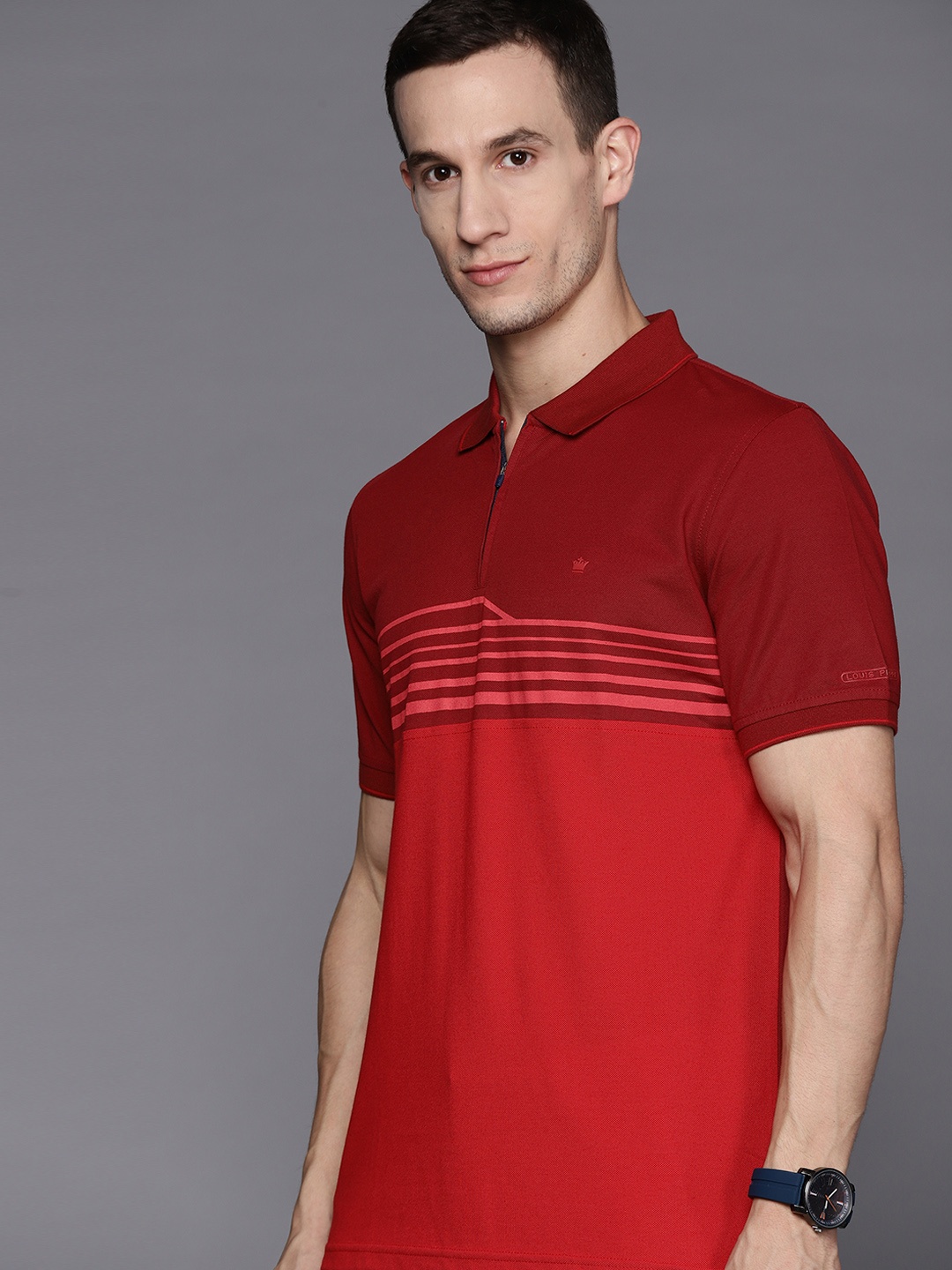 

Louis Philippe Men Red Colourblocked Polo Collar T-shirt