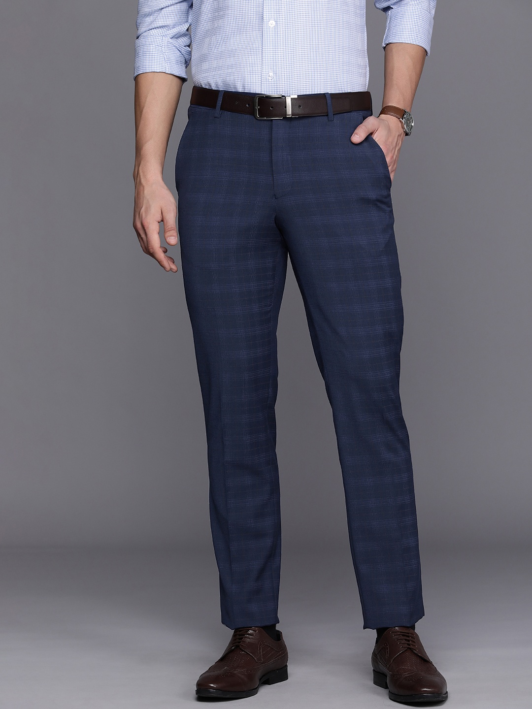 

Louis Philippe Men Navy Blue Checked Slim Fit Formal Trousers