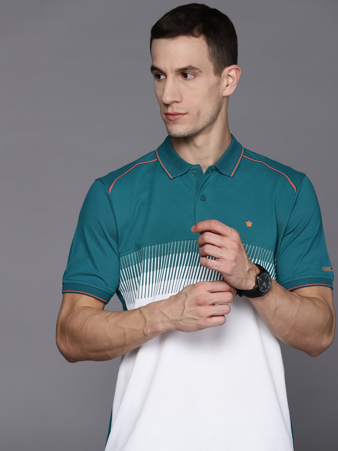 

Louis Philippe Men Teal & White Colourblocked Polo Collar T-shirt
