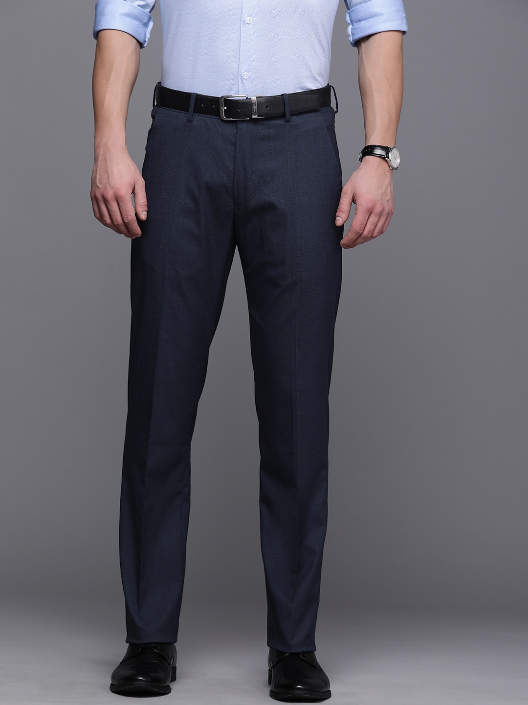 

Louis Philippe Men Navy Blue Checked Mid-Rise Formal Trousers