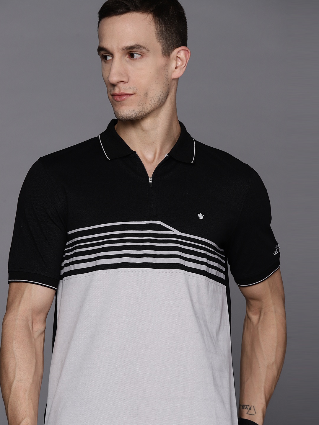 

Louis Philippe Men Black & Grey Colourblocked Polo Collar T-shirt