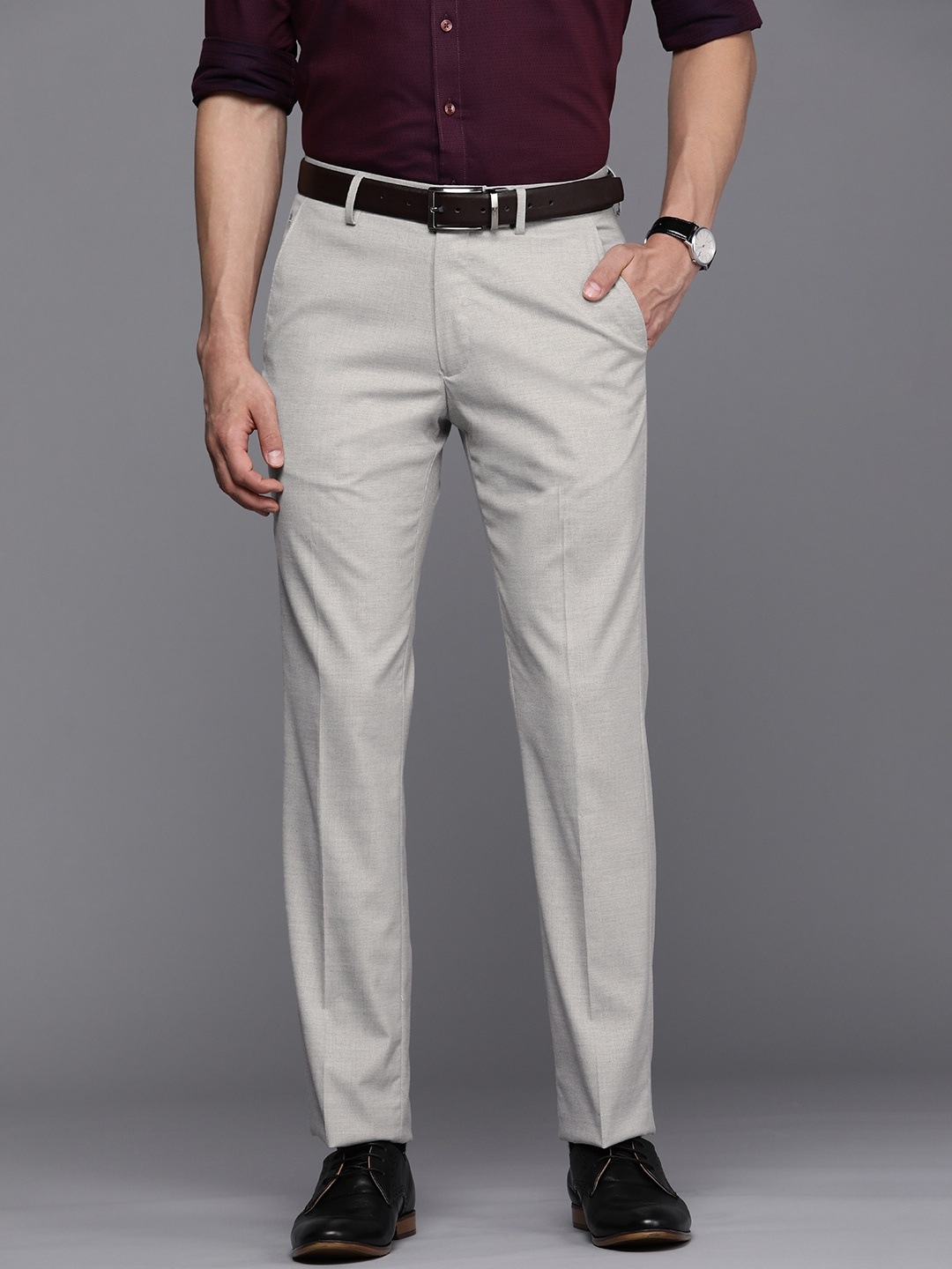 

Louis Philippe Men Grey Self-Design Formal Trousers