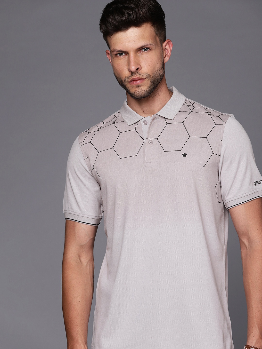 

Louis Philippe Men Grey Printed Polo Collar T-shirt