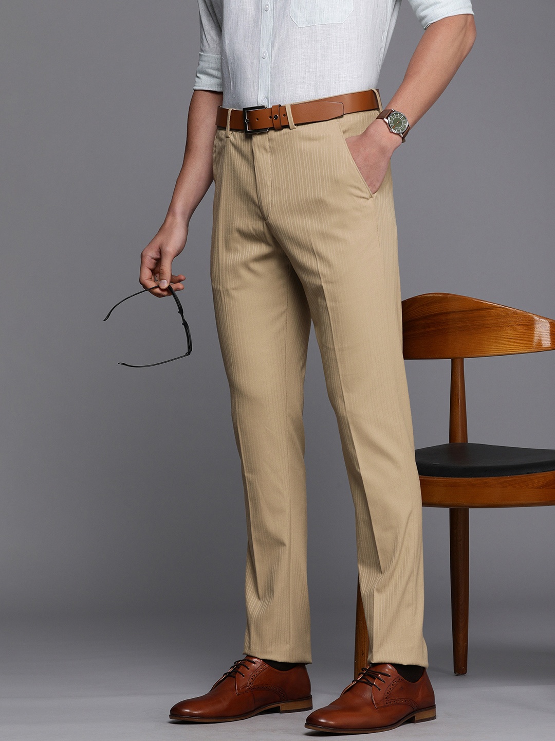 

Louis Philippe Men Beige Striped Super Slim Fit Formal Trousers