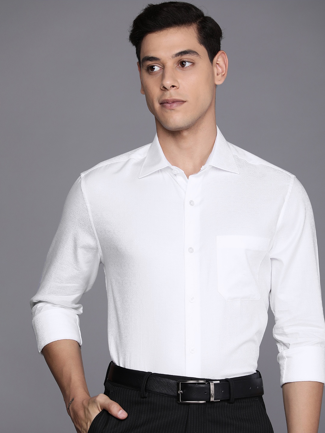 Louis Philippe Men White Self designed Classic Pure Cotton Formal Shirt