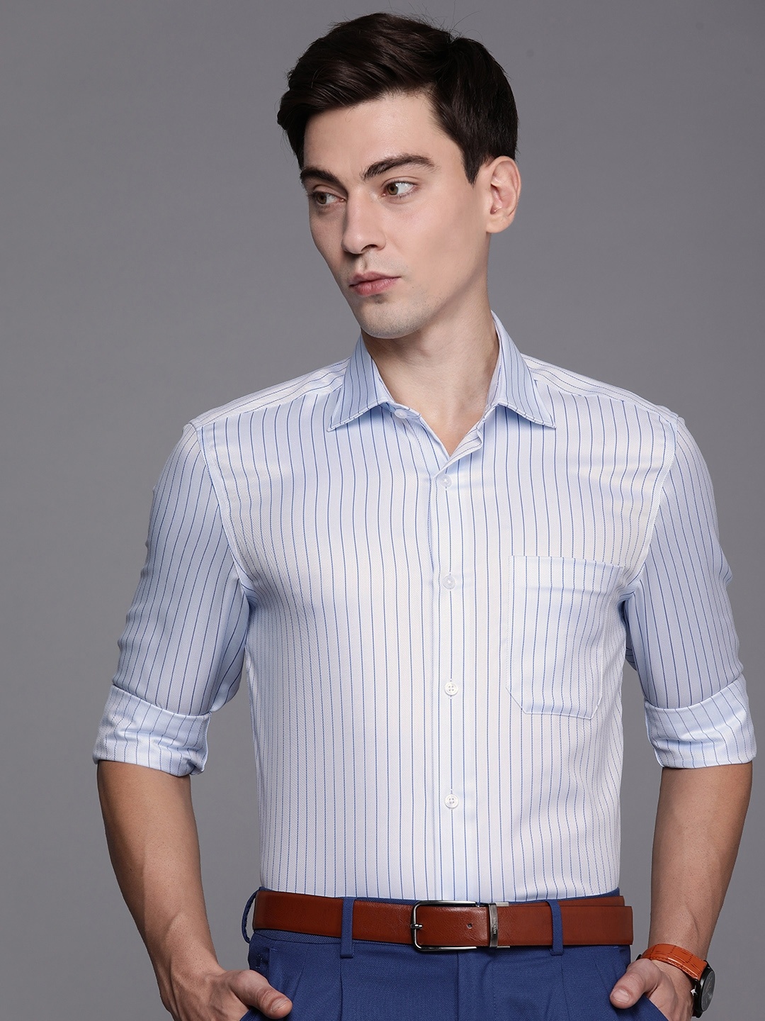 

Louis Philippe Men Blue Classic Fit Pinstripes Formal Shirt