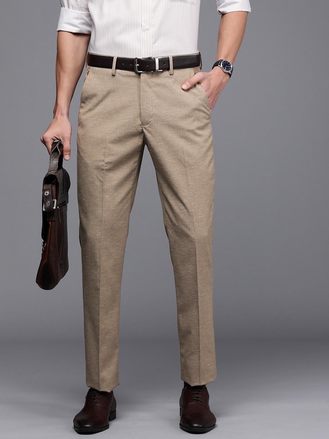 

Louis Philippe Men Beige Striped Slim Fit Trousers