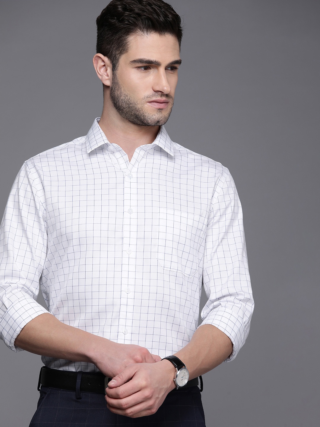 

Louis Philippe Men White And Blue Slim Fit Checked Pure Cotton Formal Shirt