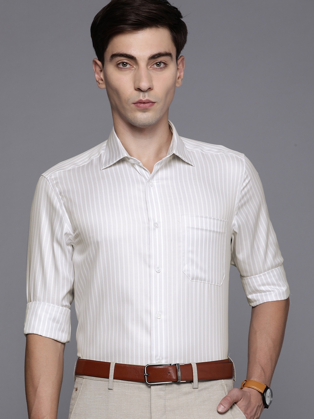 

Louis Philippe Men Grey Classic Fit Permapress Striped Pure Cotton Semiformal Shirt