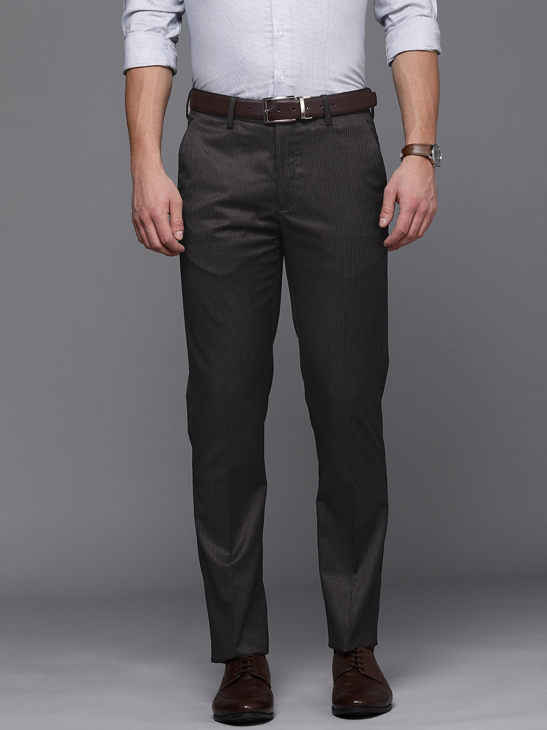 

Louis Philippe Men Grey Striped Slim Fit Trousers, Charcoal