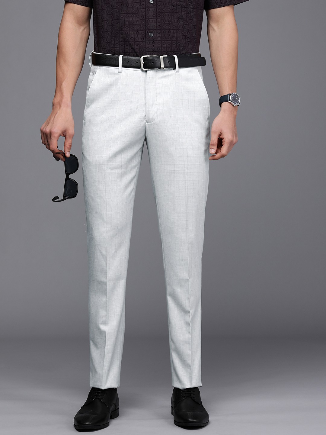 

Louis Philippe Men Grey Checked Slim Fit Trousers