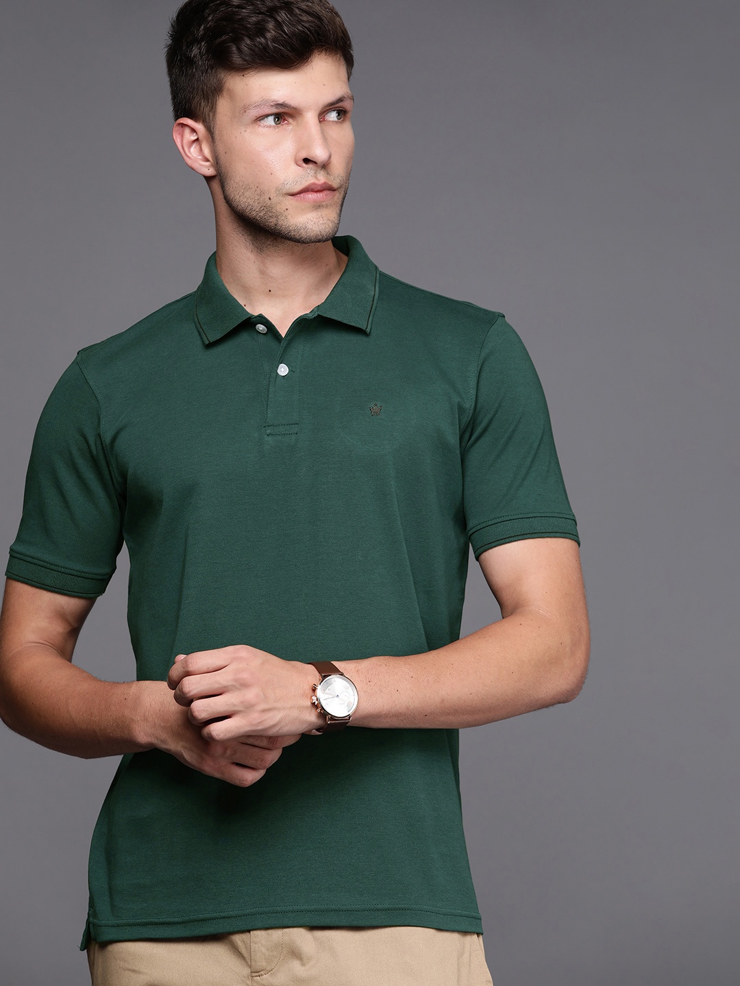 

Louis Philippe Men Green Solid Polo Collar Pure Cotton T-shirt