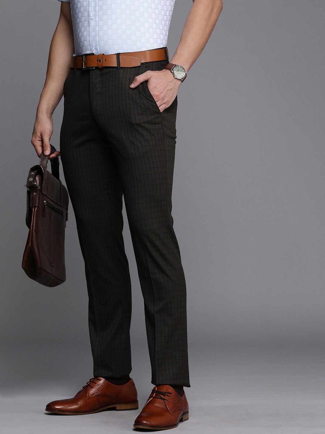 

Louis Philippe Men Coffee Brown Checked Slim Fit Formal Trousers