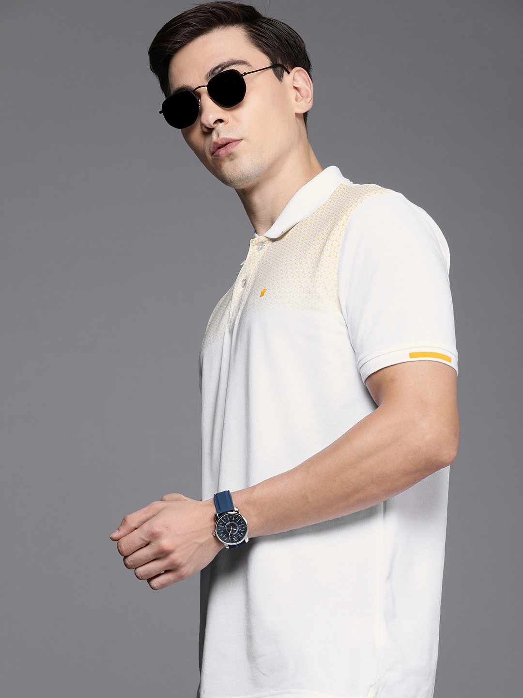 

Louis Philippe Men White & Yellow Printed Polo Collar Casual T-shirt