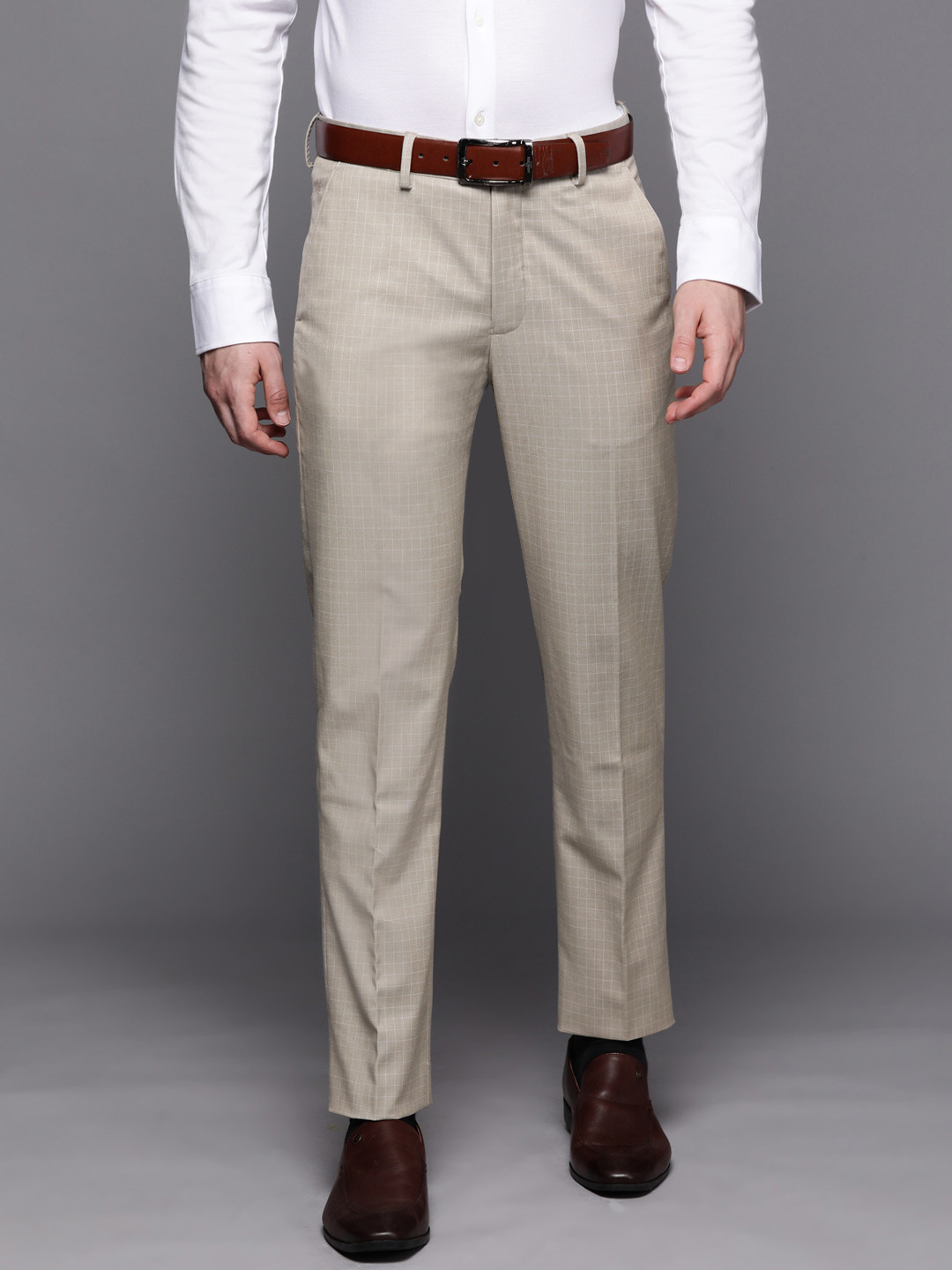 

Louis Philippe Men Checked Slim Fit Trousers, Beige