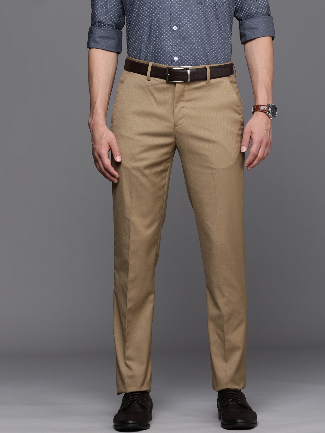 

Louis Philippe Men Khaki Textured Slim Fit Mid-Rise Formal Trousers