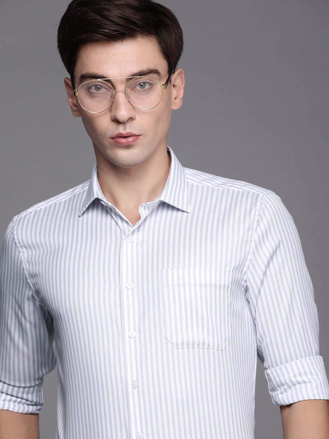 

Louis Philippe Men Grey Slim Fit Striped Formal Shirt