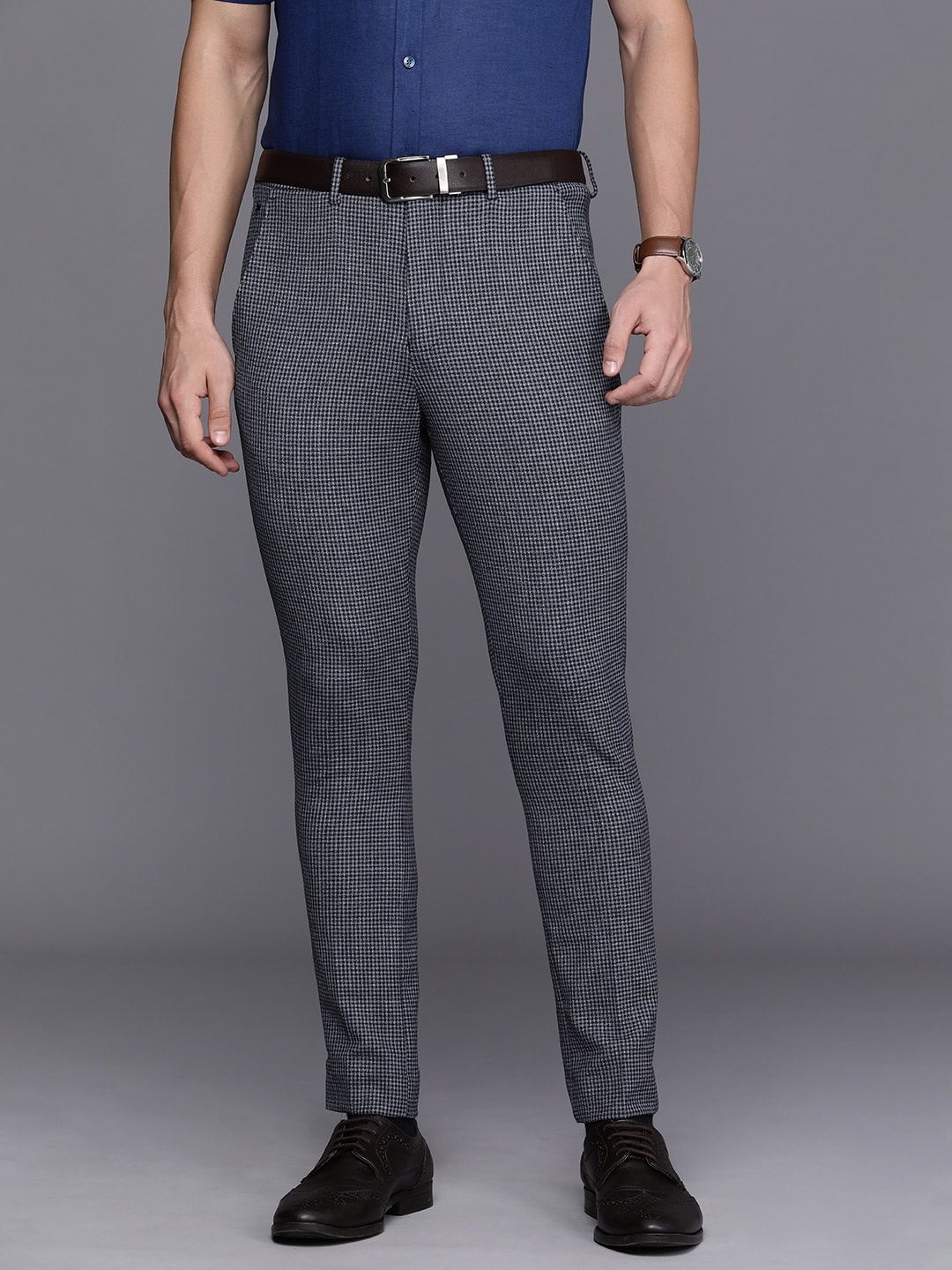 

Louis Philippe Men Blue Checked Slim Fit Formal Trousers