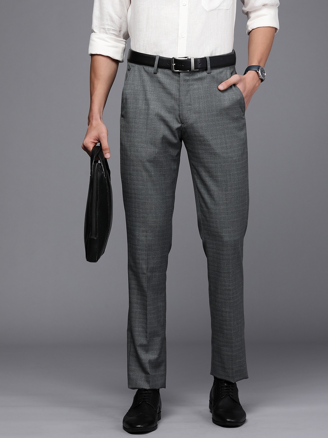 

Louis Philippe Men Grey Checked Slim Fit Trousers