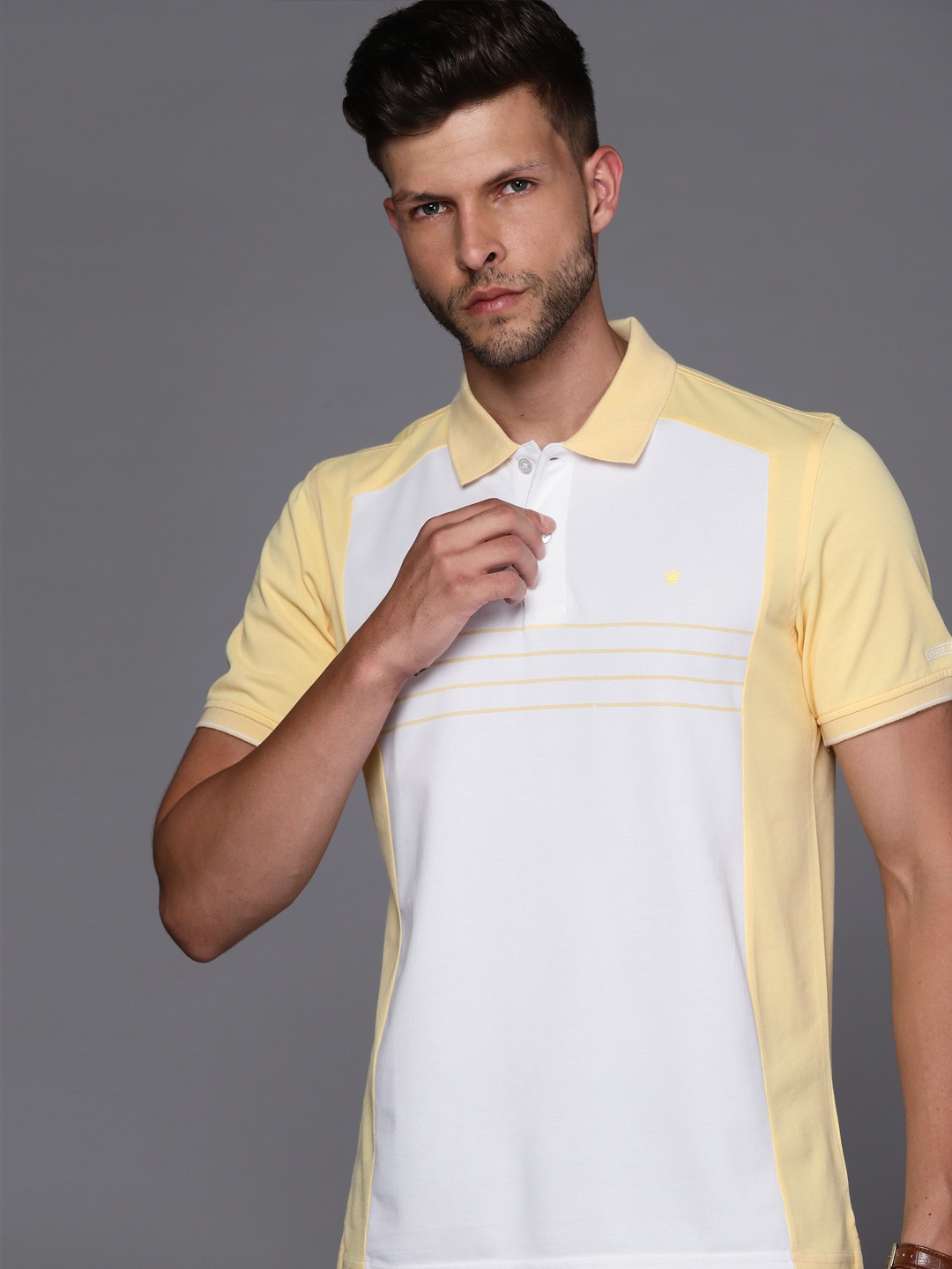 

Louis Philippe Men White & Yellow Colourblocked Polo Collar T-shirt
