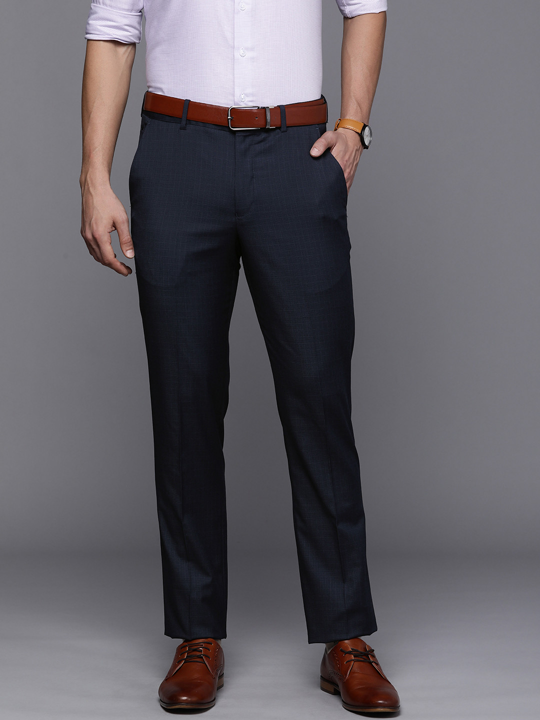 

Louis Philippe Men Navy Blue Slim Fit Self-Checked Trousers
