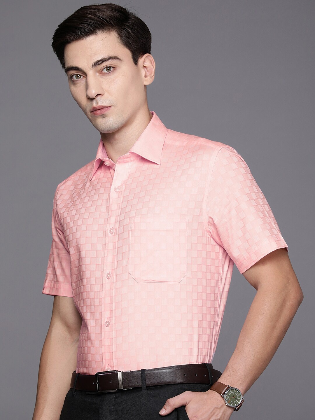 

Louis Philippe Men Pink Classic Fit Self-Checked Fiesta Collection Pure Cotton Shirt