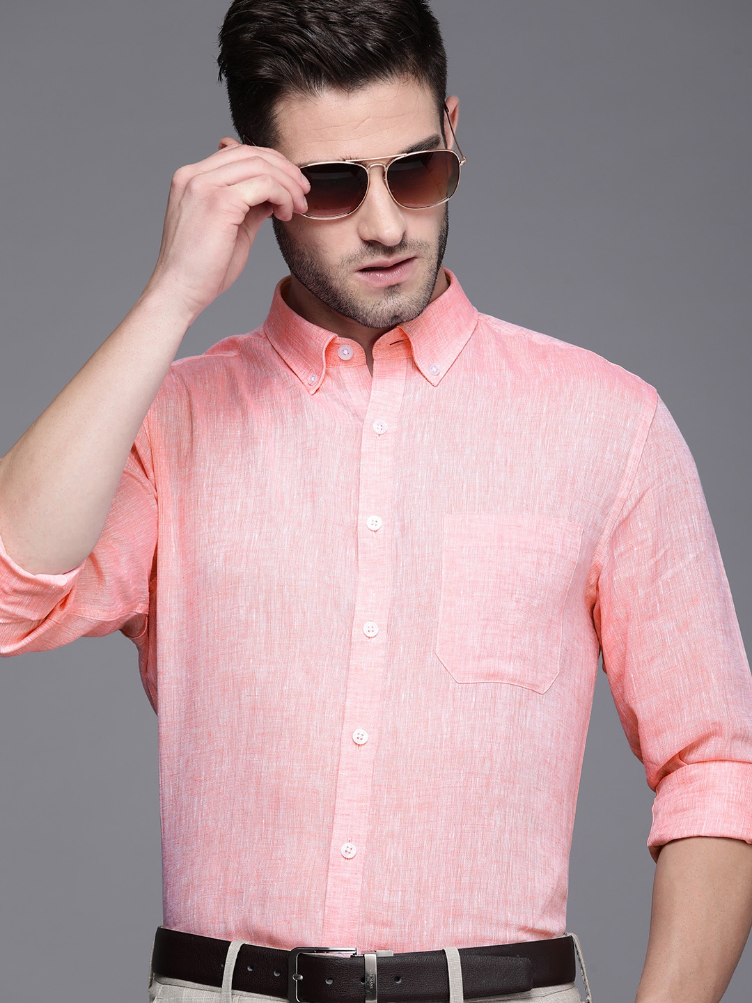 

Louis Philippe Men Pink Self-Design Slim Fit Pure Linen Formal Shirt