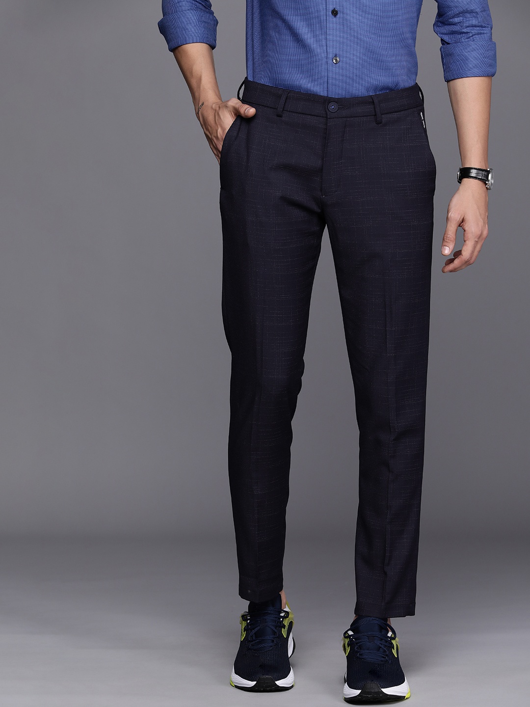 

Louis Philippe Ath Work Men Navy Blue Checked Comfort Tapered Fit Regular Trousers
