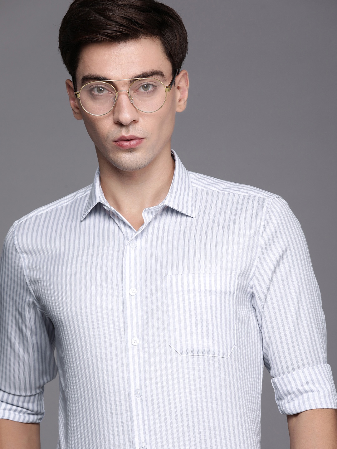 

Louis Philippe Men Grey Slim Fit Striped Formal Shirt