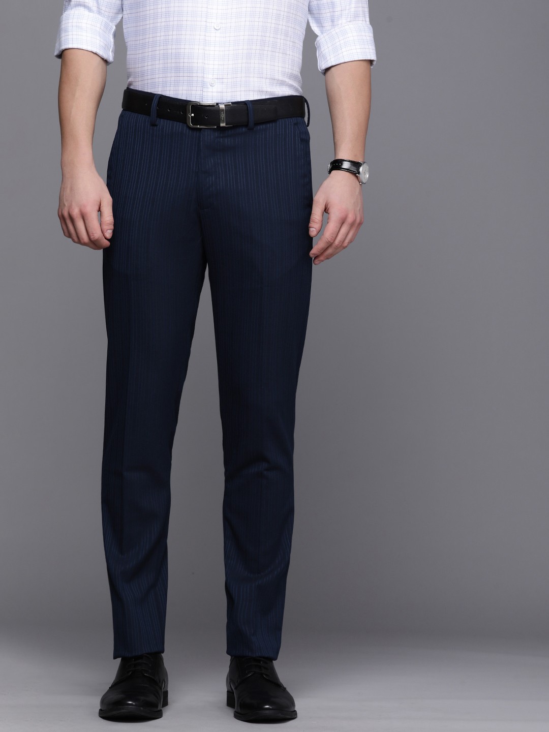 

Louis Philippe Men Navy Blue Striped Super Slim Fit Formal Trousers