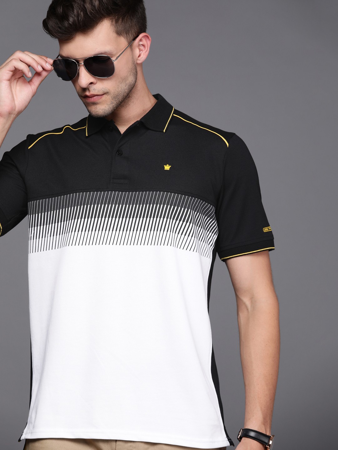 

Louis Philippe Men Black & White Colourblocked Polo Collar Pure Cotton T-shirt