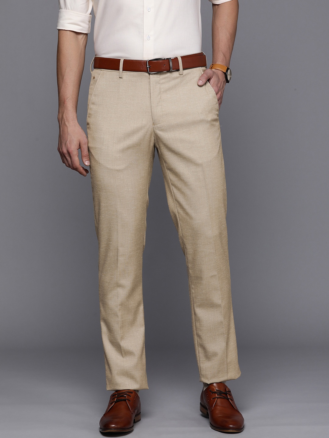 

Louis Philippe Men Beige Solid Slim Fit Formal Trousers