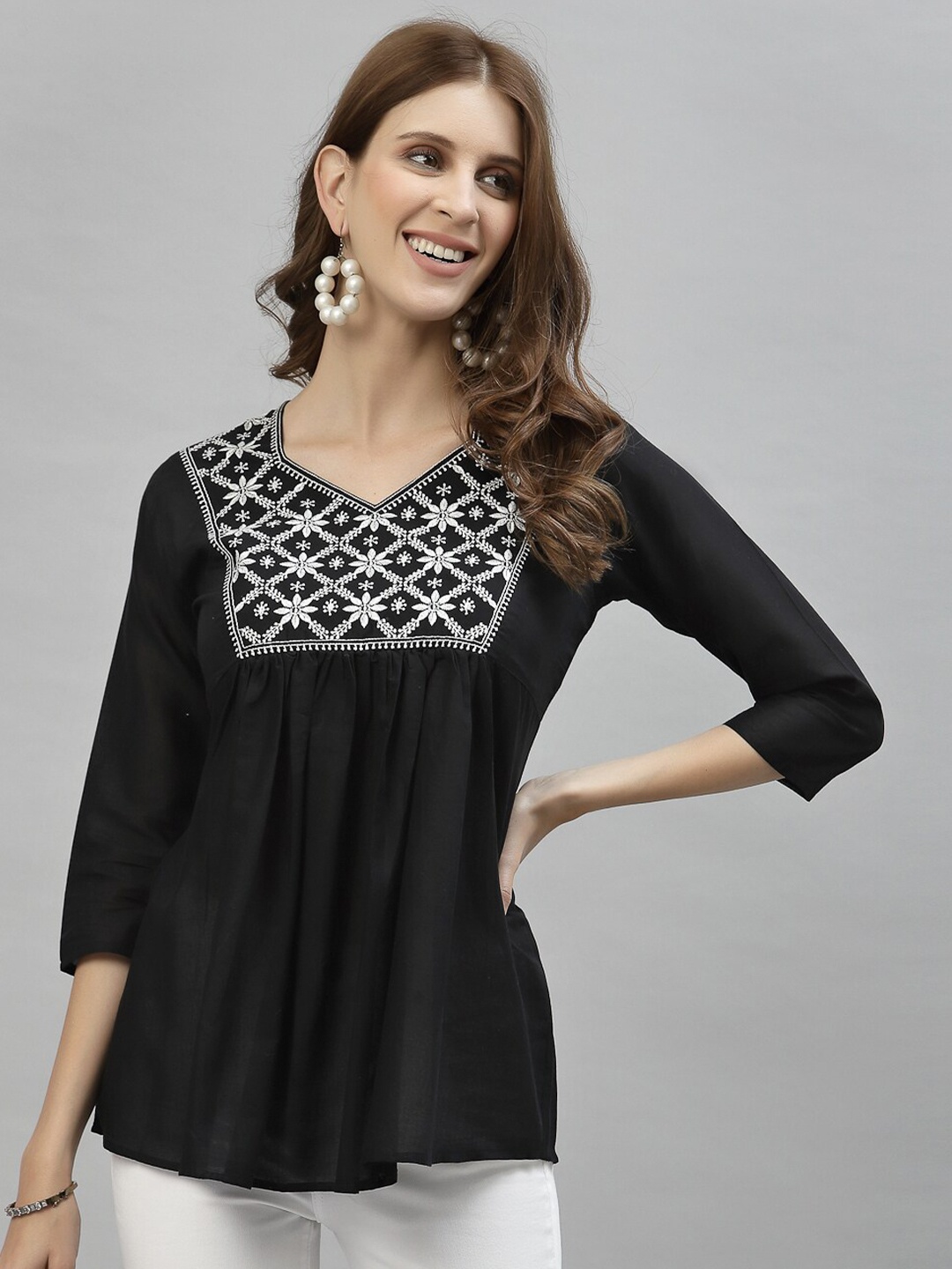 

Selvia Black Embroidered A-Line Top