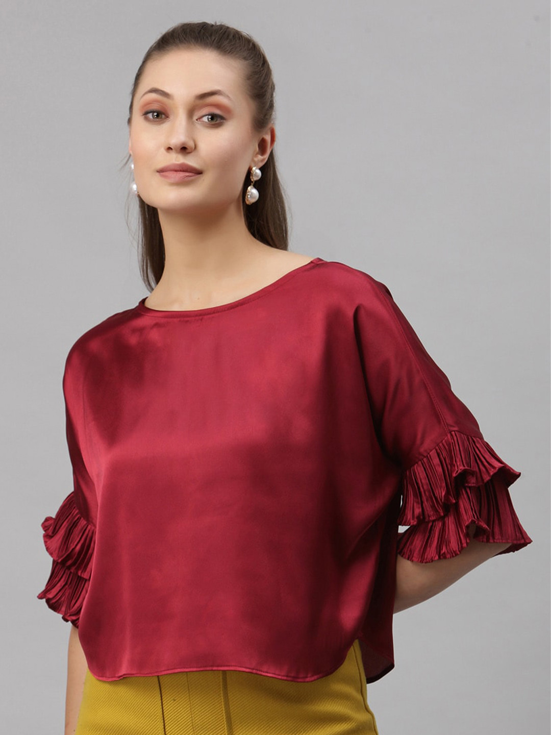 

Selvia Maroon Ruffles Satin Crop Top