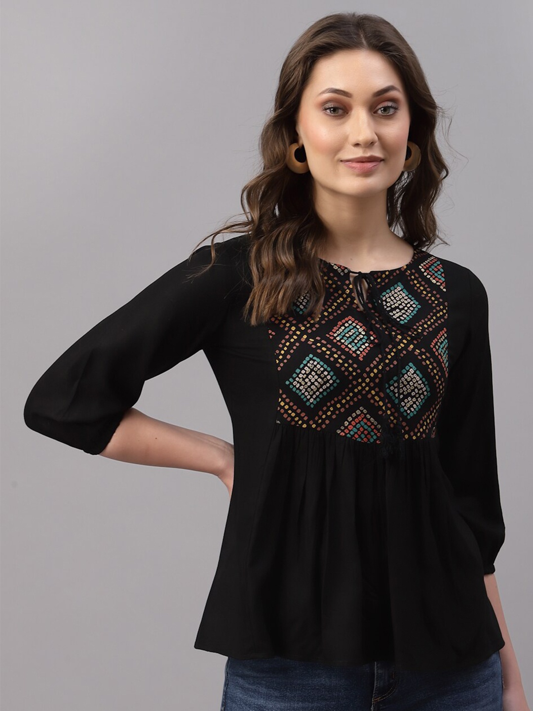 

Selvia Black Geometric Print Placement Print Top