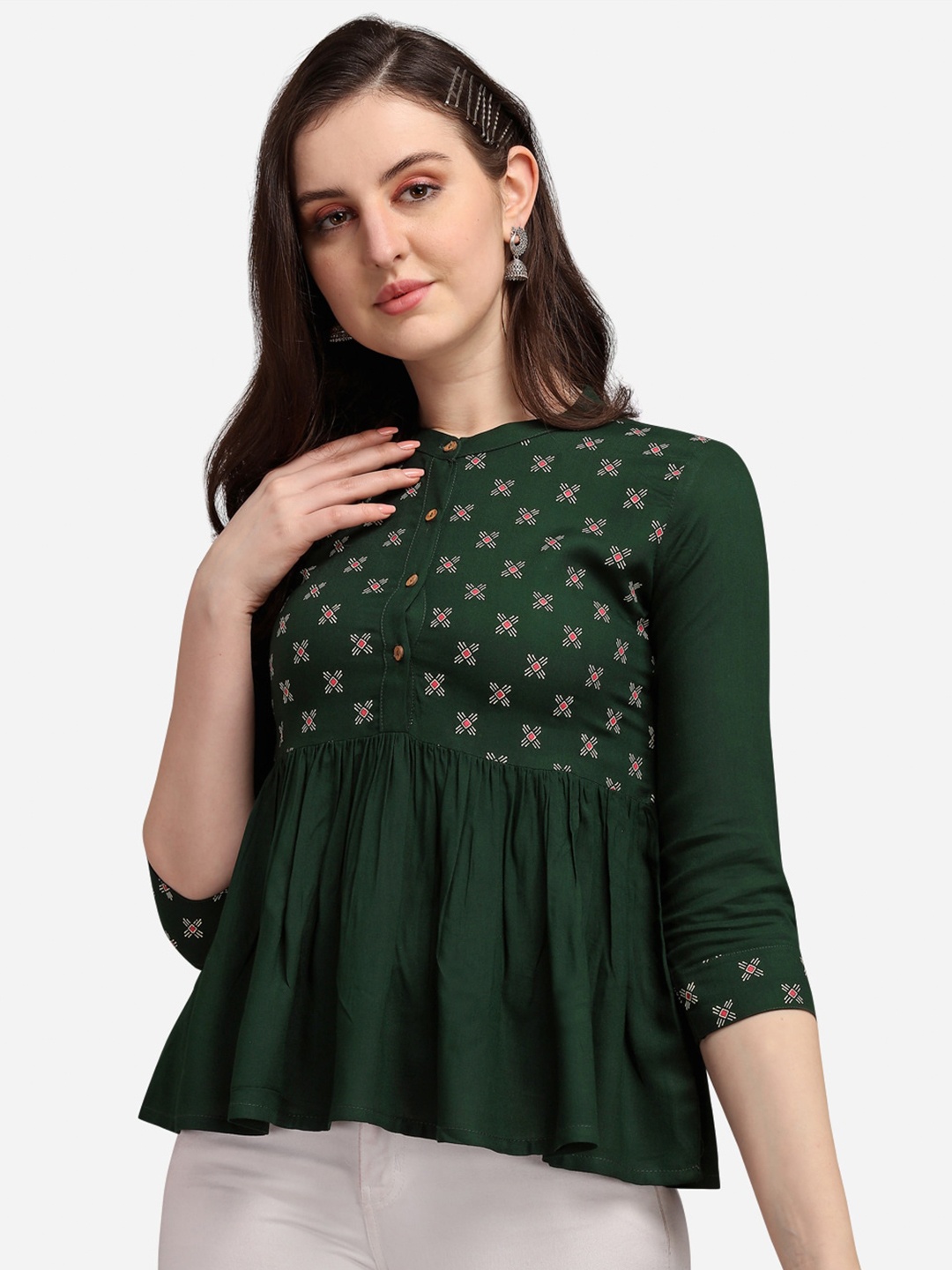 

Selvia Green Ethnic Motifs Print Peplum Top