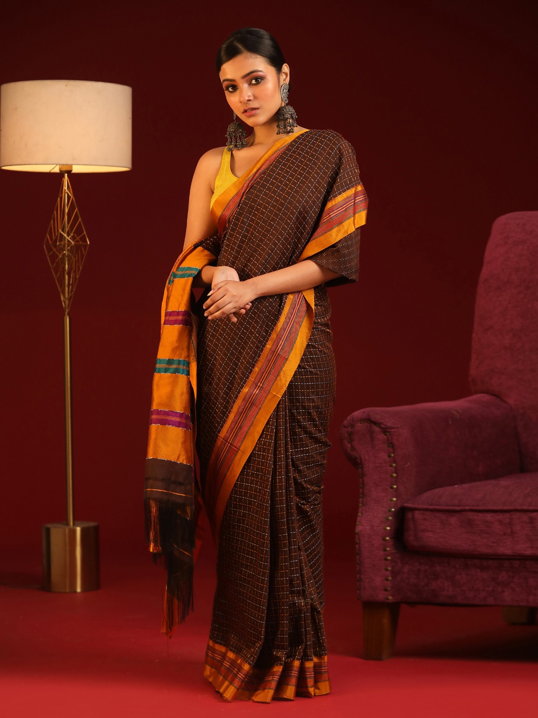 

Indethnic Rust & Orange Checked Venkatgiri Saree