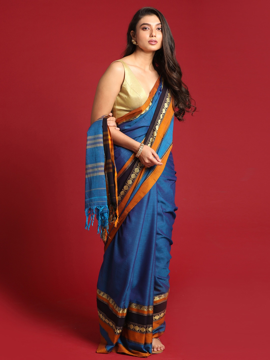 

Indethnic Blue & Orange Pure Cotton Mangalagiri Saree