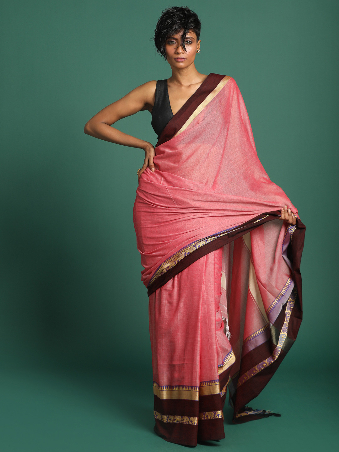 

Indethnic Pink & Brown Woven Design Zari Pure Cotton Mangalagiri Saree