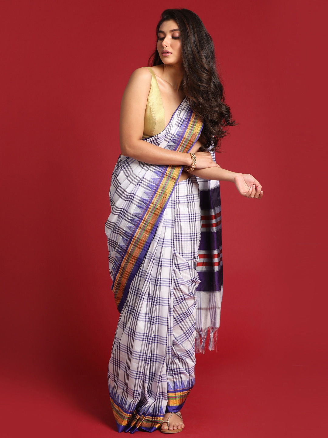 

Indethnic White & Purple Checked Venkatgiri Saree