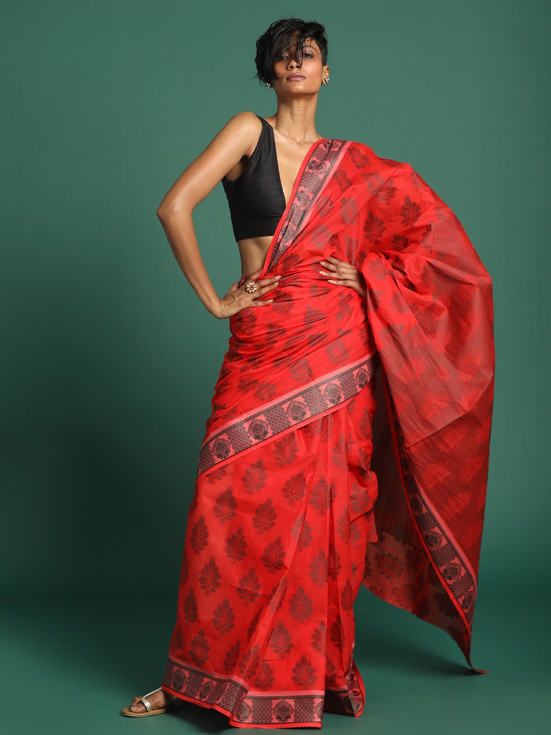 

Saranee Red Ethnic Motifs Pure Cotton Taant Saree