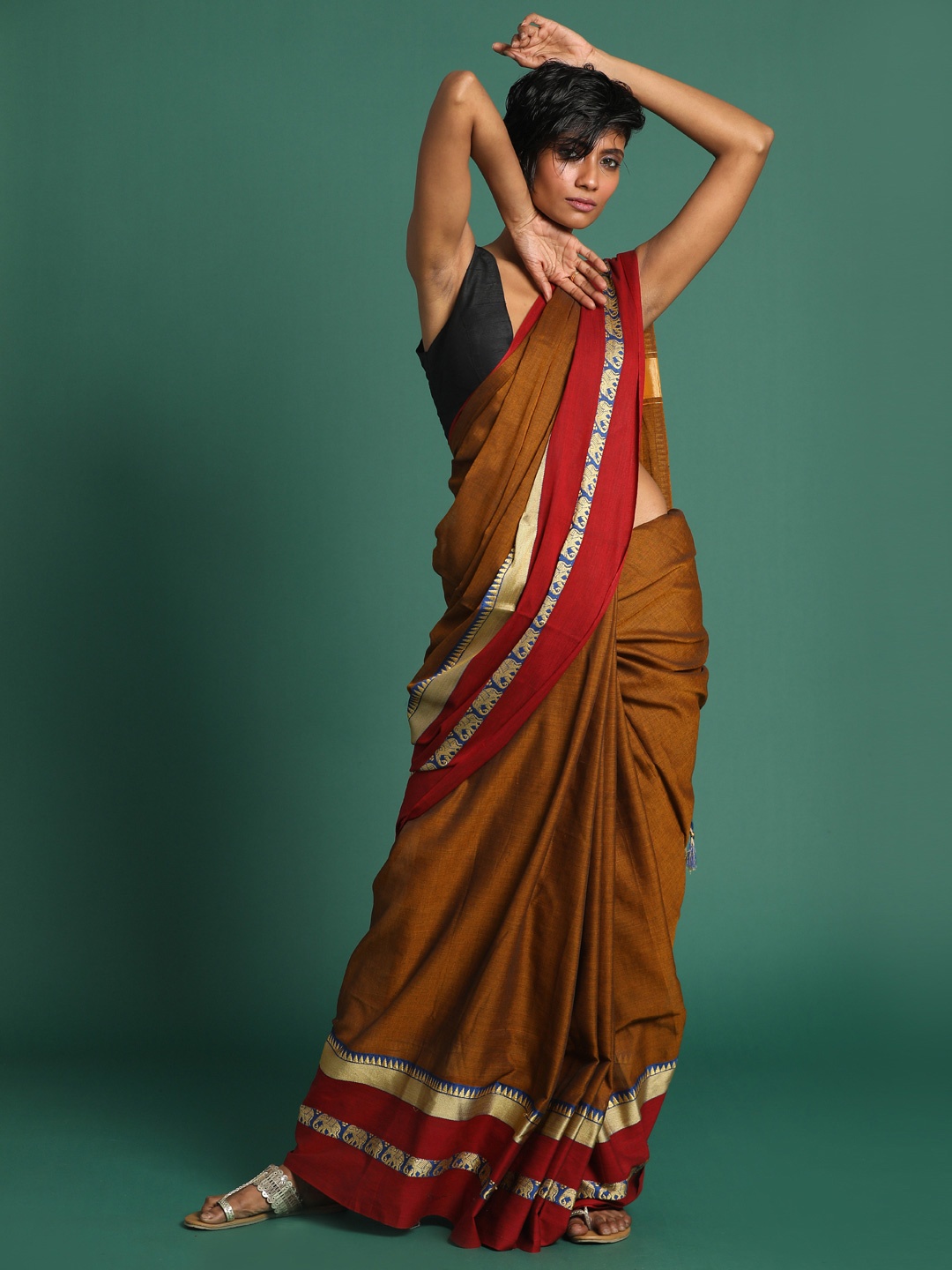 

Indethnic Brown & Red Zari Pure Cotton Mangalagiri Saree